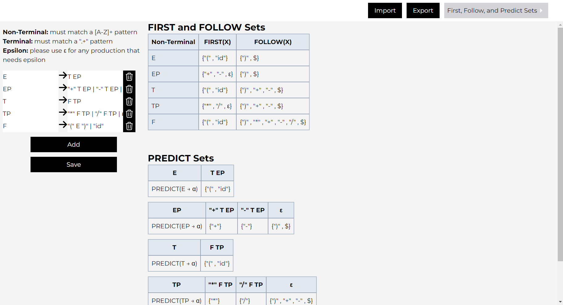 First, Follow, and Predicts Sets page